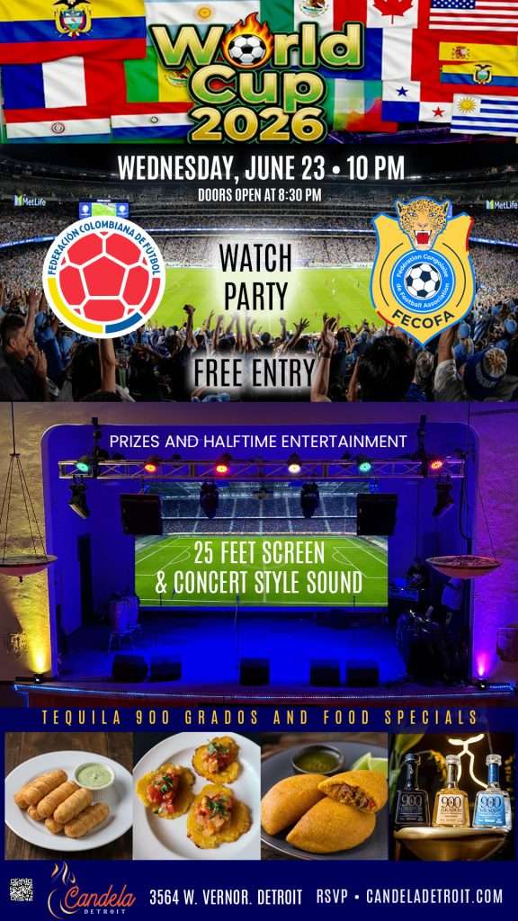 World Cup 2026 watch party poster with flags, stadium crowd, and 'Free Entry' text.